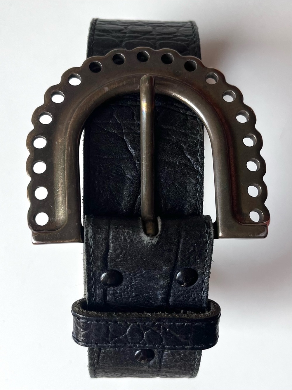 Vintage MCM Italy Black Leather Belt Scalloped Brass Buckle